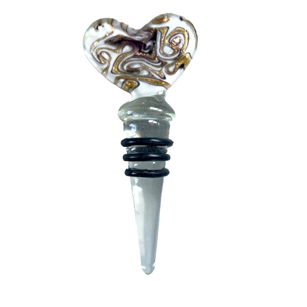 Vintage Murano Art Deco Collection Gold & Brown Glass Heart Wine Stopper, Italy
